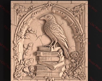 Raven on Books Gothic 3D Relief STL File for CNC Router Carving or 3D Resin Printing – Dark Academia Bird Design