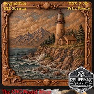 May include: A digital file in STL format for CNC and 3D printing featuring a relief carving of a lighthouse on a rocky cliffside by the sea, with mountains in the background. The frame is decorated with rope, seashells, and a starfish.