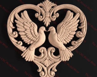 Romantic Doves in Ornate Heart Frame 3D Relief STL File for CNC Router Carving or 3D Resin Printing