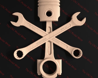 May include: A wooden model of a crossed wrench and piston with the words "VIBRANIUM" and "KRANIUM" inscribed on the handles. The model is made of light brown wood and has a rustic appearance.