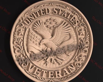 Fichier STL en relief 3D de l'emblème des vétérans des États-Unis pour la sculpture sur routeur CNC ou l'impression 3D en résine, conception patriotique de l'aigle et du drapeau