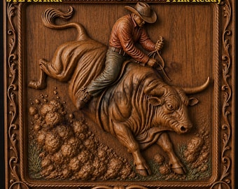 Bucking Bull Rider Cowboy 3D Relief STL File for CNC Router Carving or 3D Resin Printing, Western Rodeo Wall Art Digital Model Decor