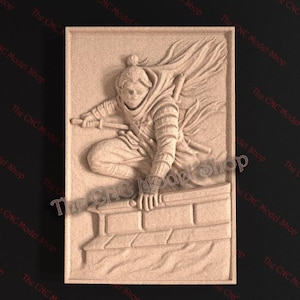 Plik STL z reliefem 3D „Crouching Ninja Assassin” do frezowania CNC lub drukowania żywicą 3D – Stealth Warrior on Rooftop