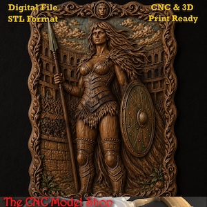 May include: A brown wood-toned relief carving featuring a warrior holding a spear and shield, set within an ornate frame. The text reads Digital File STL Format, CNC & 3D Print Ready, and The CNC Model Shop. The background depicts a stadium.