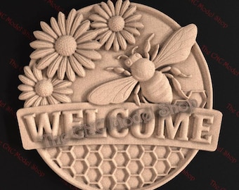 Bee Welcome Sign 3D Relief STL File for CNC Router Carving or 3D Resin Printing – Honeycomb Floral Honeybee Design
