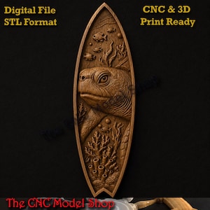 May include: A surfboard-shaped wooden relief carving featuring a detailed sea turtle head, coral, and small fish. The text Digital File STL Format and CNC & 3D Print Ready is visible. The carving has a brown wood-grain texture on a black background.