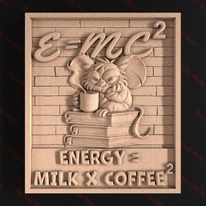 May include: A carved wooden plaque featuring a cartoon mouse holding a mug, sitting on books, with the equation E=MC&sup2; above. The text "ENERGY = MILK X COFFEE&sup2;" is below. The background has a brick pattern.