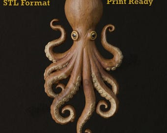 Majestic Octopus Marine Life 3D Relief STL File for CNC Router Carving or 3D Resin Printing Nautical Ocean Wall Art Decor