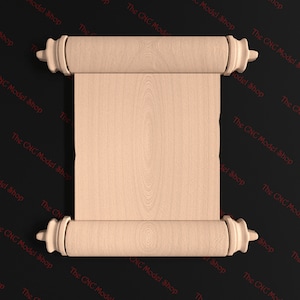 May include: A wooden scroll with a blank rectangular space in the center. The scroll is rolled up on both ends and has decorative wooden finials.