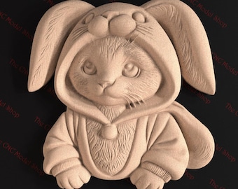 Adorable Bunny Hoodie Rabbit 3D STL Relief File for CNC Router Carving or 3D Resin Printing - Cute Animal Wall Art