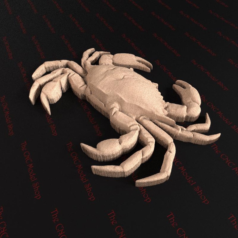 May include: A detailed, three-dimensional wooden carving of a crab. The crab is light brown and has a textured surface.