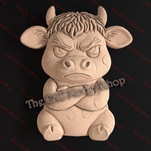 May include: A carved wooden figurine of an angry bull with crossed arms. The bull has a furrowed brow, horns, and large ears. The text "The CNC Model Shop" is visible on the image.