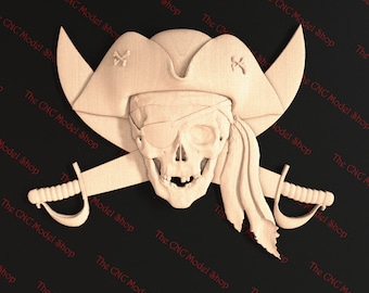 Pirate Skull and Swords, 3d stl relief file for cnc router carving, engraving or 3D printing