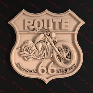 Route 66 Sign featuring motorcycle, 3d stl relief CNC router file for cnc carving, engraving or 3D printing