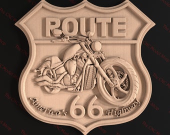 Route 66 Schild mit Motorrad, 3D-Relief CNC-Fräserdatei für cnc-Schnitzen, Gravur oder den 3D-Druck