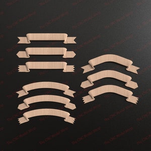 May include: Set of eight wooden banner shapes, perfect for crafting and DIY projects. The banners are in various sizes and shapes, with a natural wood finish.