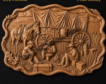 Covered Wagon Cowboy Camp 3D Relief STL File for CNC Router Carving or 3D Resin Printing, Western Frontier Wall Art Digital Model