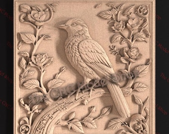 Archivo STL de pájaro sobre una rama floral en relieve 3D para tallado con fresadora CNC o impresión 3D con resina: elegante diseño de escena natural