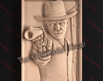 Western Cowboy Gunslinger 3D Relief STL File for CNC Router Carving or 3D Resin Printing Wild West Sheriff