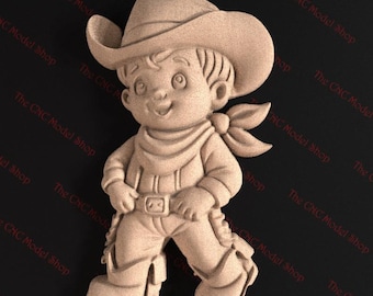 Adorable Cowboy Kid 3D Relief STL File for CNC Router Carving or 3D Resin Printing – Western Boy Wall Art