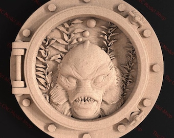 Black Lagoon Mer Creature Underwater in Porthole 3D STL Relief File for CNC Router Carving or 3D Resin Printing - Nautical Horror Decor