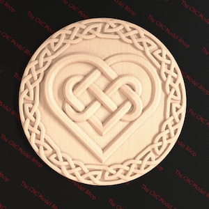 May include: A circular wooden plaque with a Celtic knot design in the shape of a heart. The knot is intricately woven and the plaque has a smooth, light brown finish.