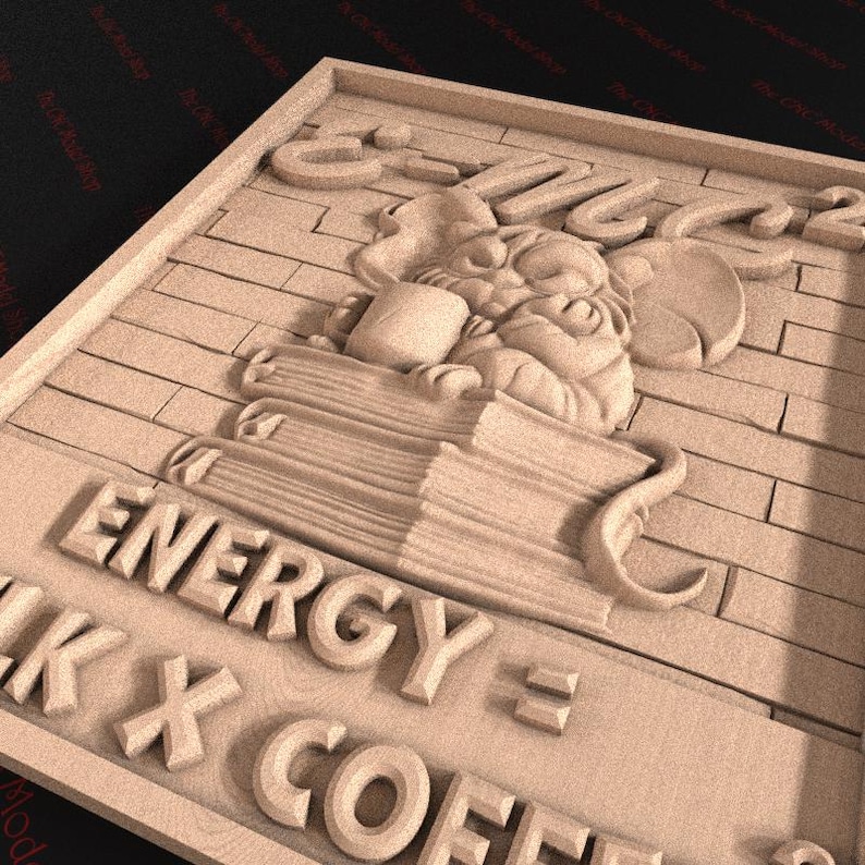 May include: A light brown wooden sign with carved text and a cartoon character. The sign reads "Energy = Milk X Coffee" with a sleeping cartoon character holding a mug. The background has a brick-like pattern.