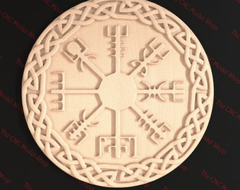 Sztuka ścienna w stylu nordyckim przedstawiająca kompas wikingów, Vegvisir, plik reliefowy 3D STL do rzeźbienia na routerze CNC, grawerowania lub drukowania w 3D