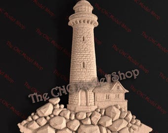 Lighthouse on Rocky Shore 3D Relief STL File for CNC Router Carving or 3D Resin Printing – Coastal Nautical Scene Design