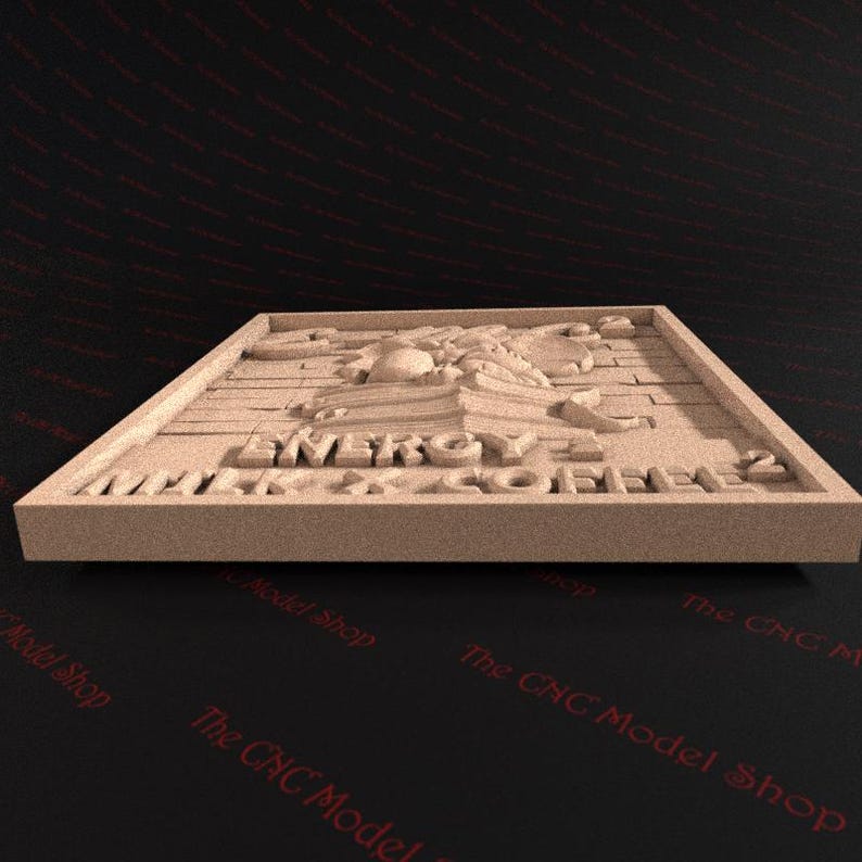 May include: A light brown, rectangular wooden plaque with the words "ENERGY & COFFEE 2" carved into the surface. The plaque features a detailed relief design of a coffee-related scene.