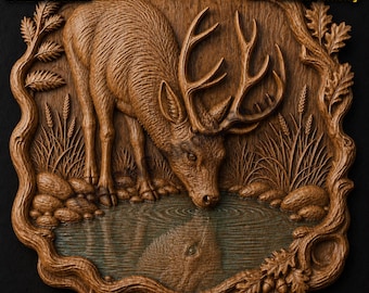 Majestic Elk Drinking at Forest Pond 3D Relief STL File for CNC Router Carving or 3D Resin Printing, Rustic Wildlife Wall Art Model