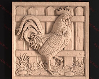 Rooster and Fence Farm Scene 3D Relief STL File for CNC Router Carving or 3D Resin Printing – Rustic Country Decor