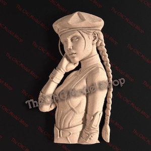 Könnte beinhalten: Eine 3D-Reliefskulptur einer Frau mit Barett und Zopf. Die Skulptur ist hellbraun und zeigt detaillierte Gesichtszüge, Kleidung und Accessoires. Der Text 'The CNC Model Shop' ist sichtbar.