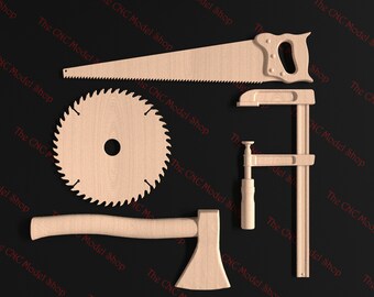 May include: A set of wooden tools including a saw, a circular saw blade, a clamp, and an axe. The tools are all made of light brown wood and are arranged in a pattern on a black background.