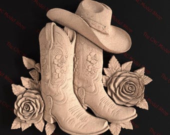 Cowboy Boots Hat and Roses 3D Relief STL File for CNC Router Carving or 3D Resin Printing – Western Floral Art