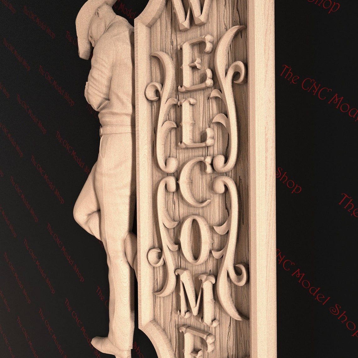3D Relief STL File of a Welcome Sign With Cowboy Leaning for CNC Router ...