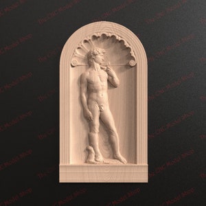 May include: A wooden relief carving of Michelangelo's David statue. The sculpture is set within a rectangular frame with an arched top and a shell-like design. The carving is detailed and shows the nude figure of David.