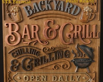 Backyard Bar and Grill Vintage Sign 3D Relief STL File for CNC Router Carving or 3D Resin Printing Patio BBQ Wall Decor