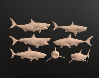 16 pcs, 3D relief STL files of Great White Shark for CNC carving