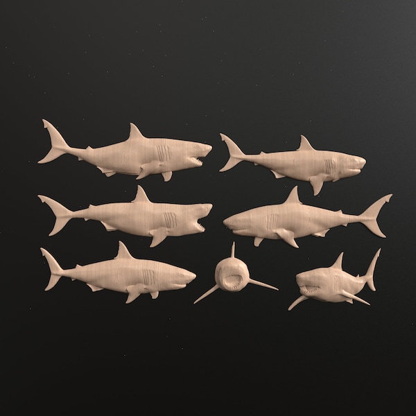 16 pcs, 3D relief STL files of Great White Shark for CNC carving