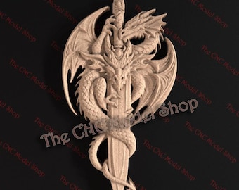 Epic Dragon and Sword 3D Relief STL File for CNC Router Carving or 3D Resin Printing – Fantasy Beast Wrapped Design
