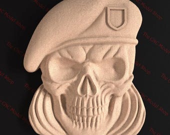 Skull with Beret 3D STL Relief File for CNC Router Carving or 3D Resin Printing - Military-Themed Wall Art