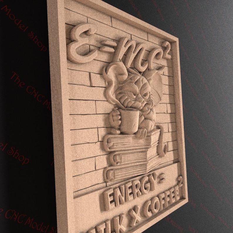 May include: A light brown wooden wall art piece featuring a carved design. The design includes the equation E=mc&sup2;, a cartoon character holding a mug, and the words "ENERGY, MILK & COFFEE&sup2;". The background has a brick pattern.