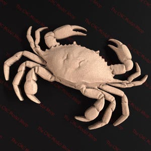 以下が含まれることがあります： 黒色の背景に置かれた、質感のある爪とリアルな外観を持つ、ベージュ色のカニの彫刻。