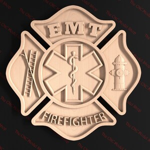 May include: A wooden cutout of a firefighter's emblem with a red cross, a ladder, a fire hydrant, and the words "EMT" and "FIREFIGHTER".