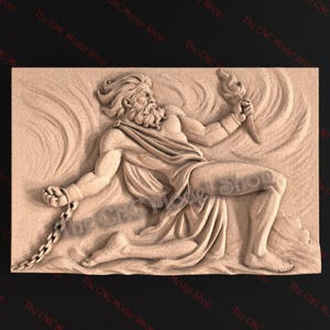 May include: A carved relief showing a bearded figure in classical dress, holding a torch and chained. The figure is kneeling, with flowing drapery and detailed body rendering. The background features swirling patterns.