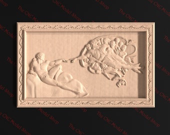 May include: A wooden relief sculpture of the Creation of Adam, a famous Renaissance artwork. The sculpture depicts God reaching out to Adam, with a group of angels surrounding God.