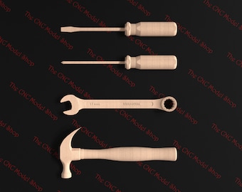 May include: A set of four wooden tools, including a hammer, wrench, and two screwdrivers. The tools are all made of light brown wood and have a realistic appearance.