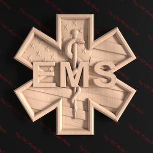 May include: A wooden star-shaped sign with the letters "EMS" in raised lettering. The star is decorated with an American flag design and a stylized snake and staff medical symbol.