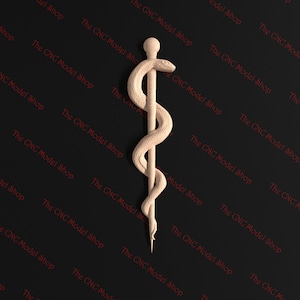 May include: A wooden sculpture of the Rod of Asclepius, a symbol of medicine, featuring a snake wrapped around a staff. The sculpture is a light brown color and is set against a black background.